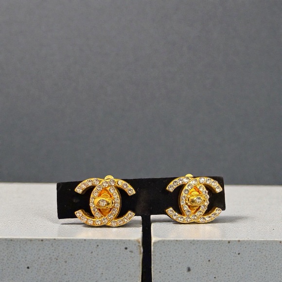 CHANEL Jewelry - Vintage CHANEL Gold and Rhinestone Twist Lock Logo Earrings